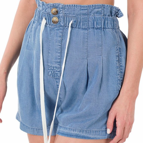 CHAMBRAY DRAWSTRING RUFFLE WAIST SHORTS - Picture 3 of 4